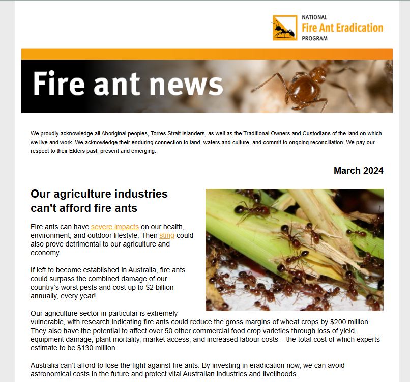 Screenshot of the Fire Ant News newsletter from March 2024, showing images and a sample of the first story.